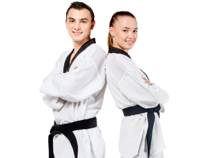 teenage boy and girl in karate uniforms